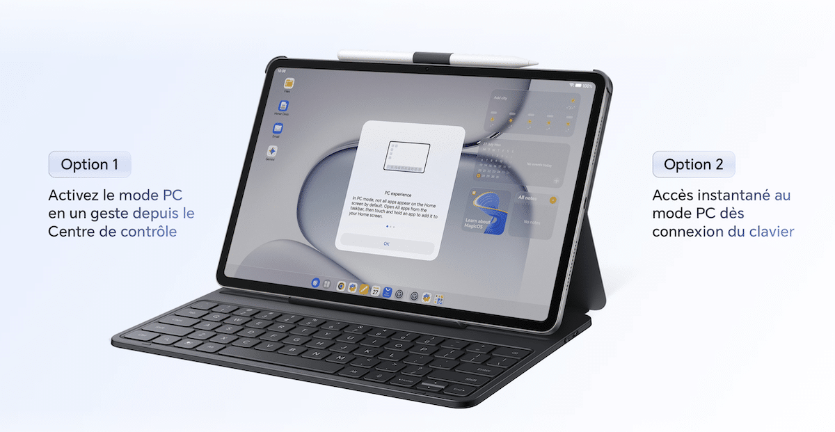 HONOR Pad 20 Pro en mode PC posée sur son clavier Smart Bluetooth