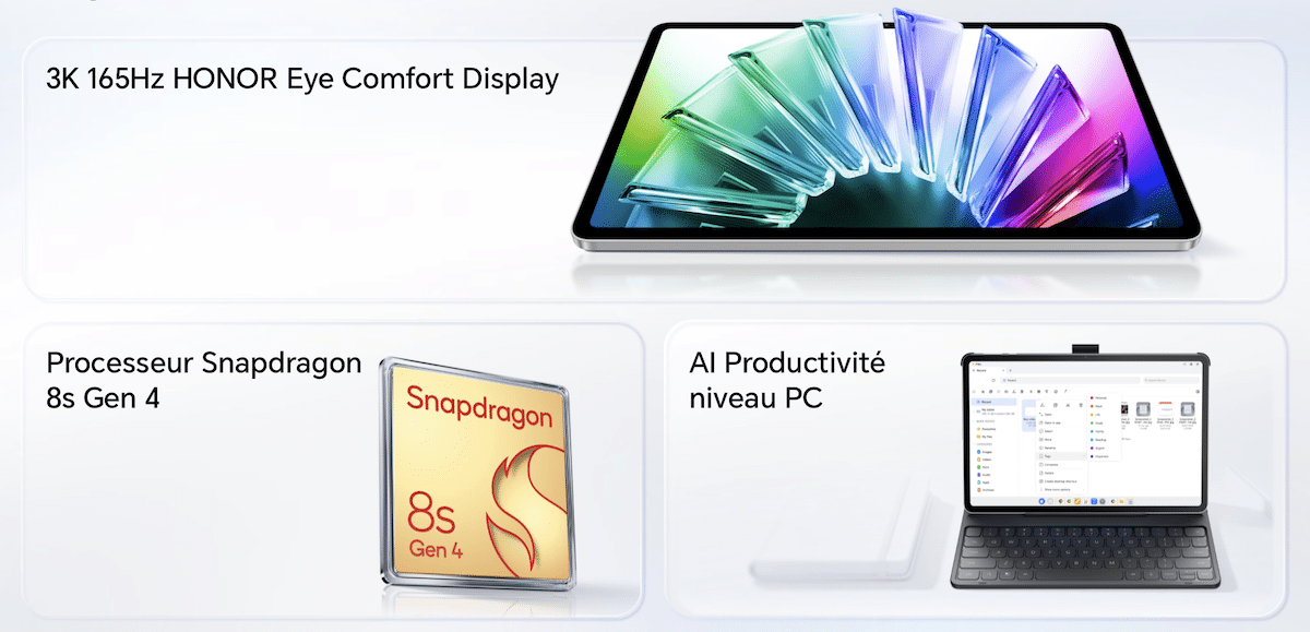 Récapitulatif des atouts de la HONOR Pad 20 Pro : écran 3K 165 Hz, Snapdragon 8s Gen 4 et mode PC