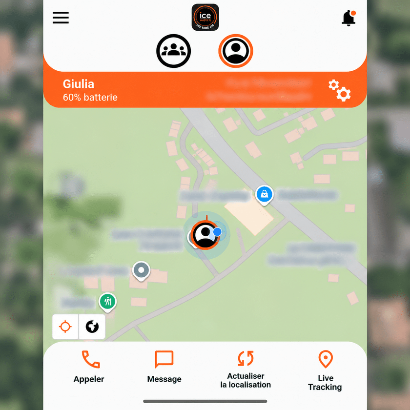 Application ICE Kids 4G 2.0 : carte de géolocalisation de la montre (capture anonymisée)